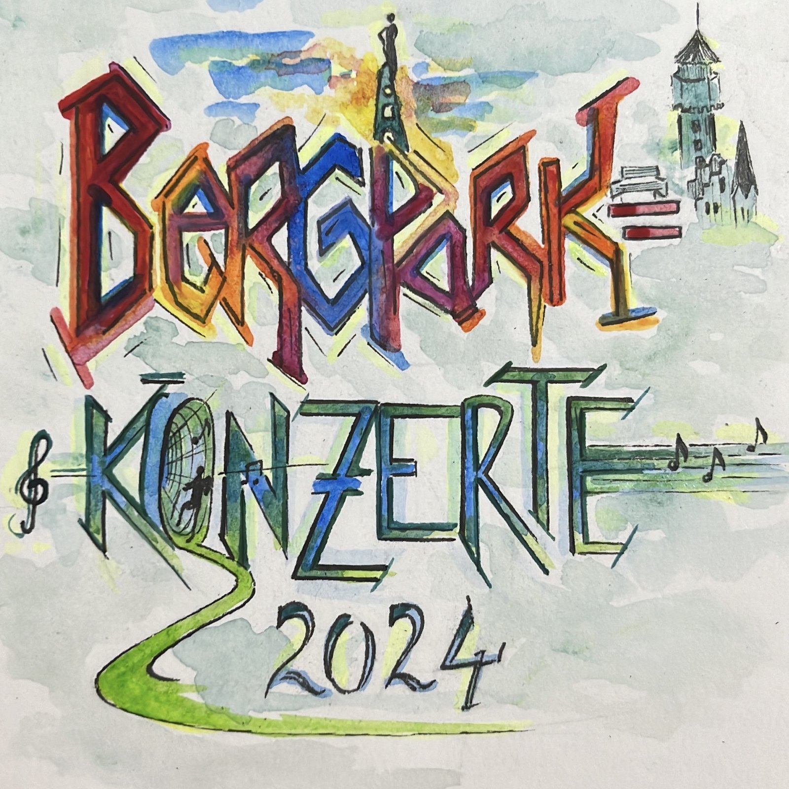Aquarell-Lettering „Bergpark Konzerte 2024" mit Stadtsilhouette