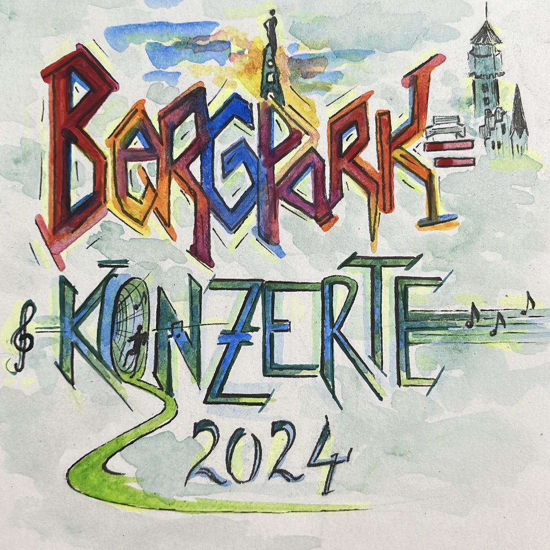 Aquarell-Lettering „Bergpark Konzerte 2024" mit Stadtsilhouette