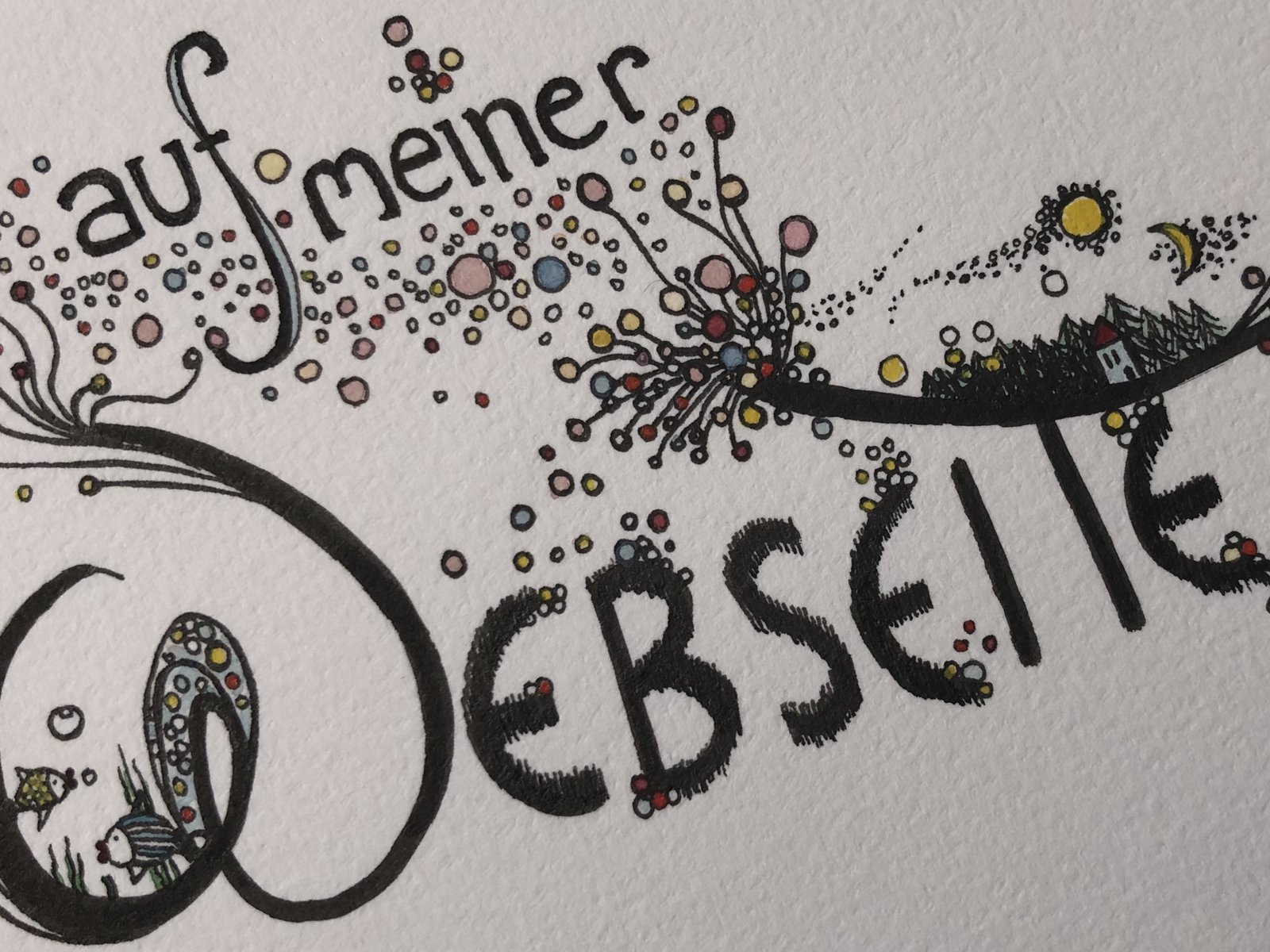 Kalligrafie „auf meiner Webseite" mit dekorativen Punkten und Schnörkeln