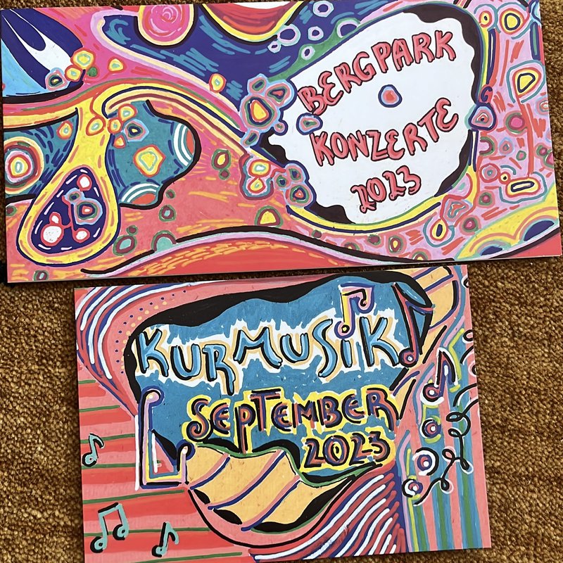 Handgemalte Postkarten „Bergpark Konzerte 2023" und „Kurmusik September 2023"
